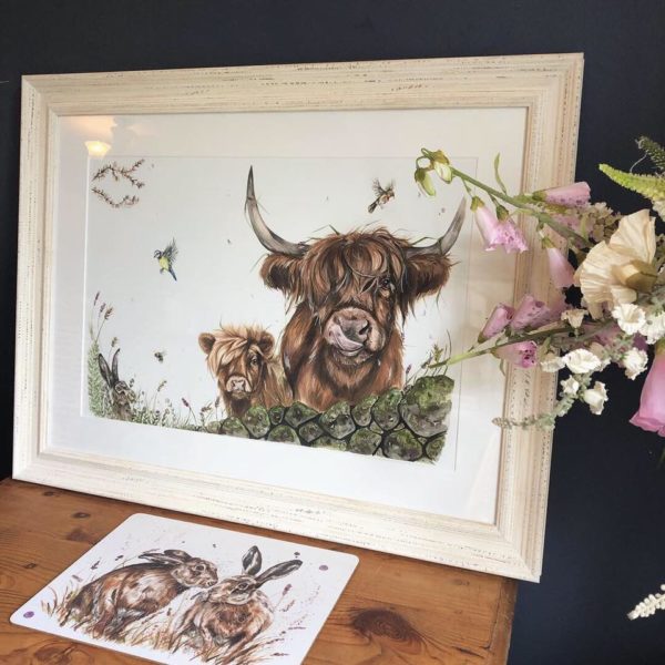 Spring Breeze Highland cow painting by Hollie Childe Art