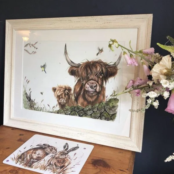 Spring Breeze Highland cow painting by Hollie Childe Art