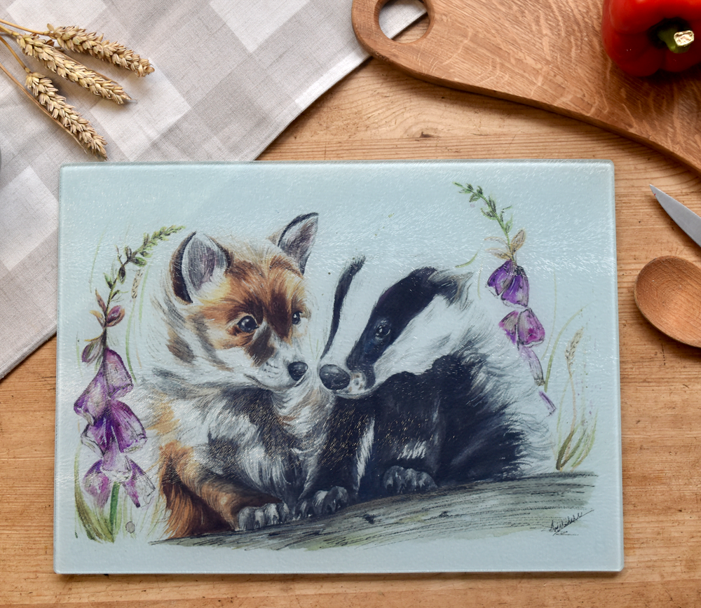 Fox and badger glass worktop saver by Hollie Childe Art