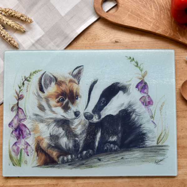 Fox and badger glass worktop saver by Hollie Childe Art