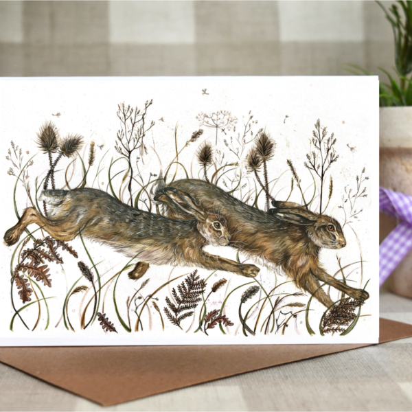 running hares card by Hollie Childe art
