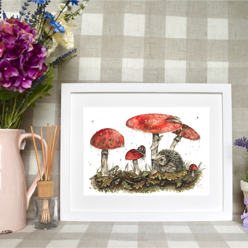 Hedgehog and Mushrooms watercolour painting by Hollie Childe Art
