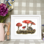 Hedgehog and Mushrooms watercolour painting by Hollie Childe Art