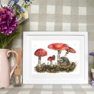 Hedgehog and Mushrooms watercolour painting by Hollie Childe Art