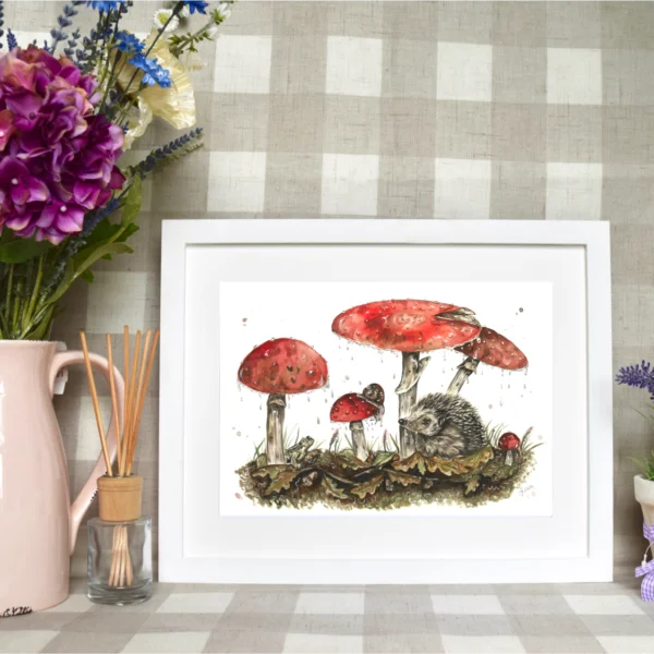 Hedgehog and Mushrooms watercolour painting by Hollie Childe Art