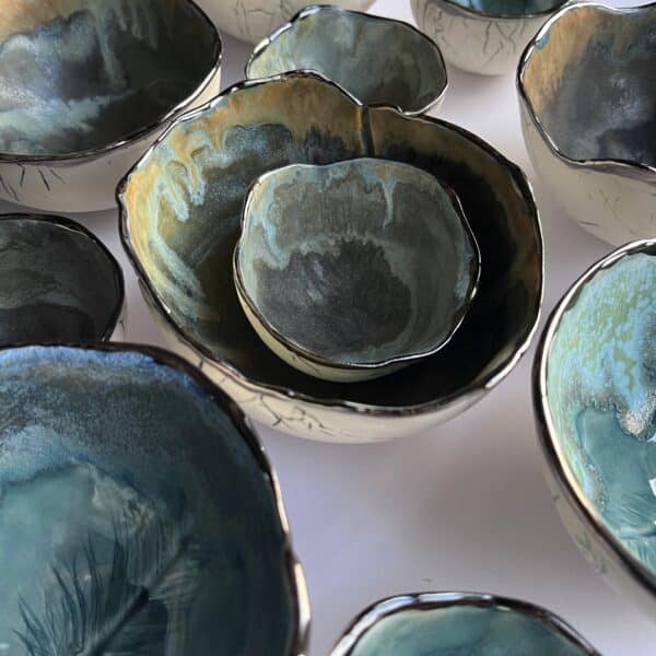 feather bowls with layered glazes by Nicola Briggs Ceramics