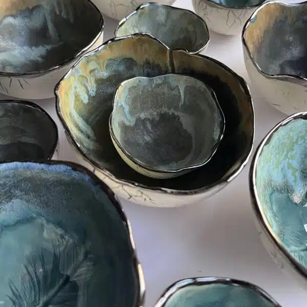 feather bowls with layered glazes by Nicola Briggs Ceramics
