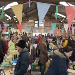 The fresh Food Barn at Rode Hall Farmers' Market busy with traders and market visitors