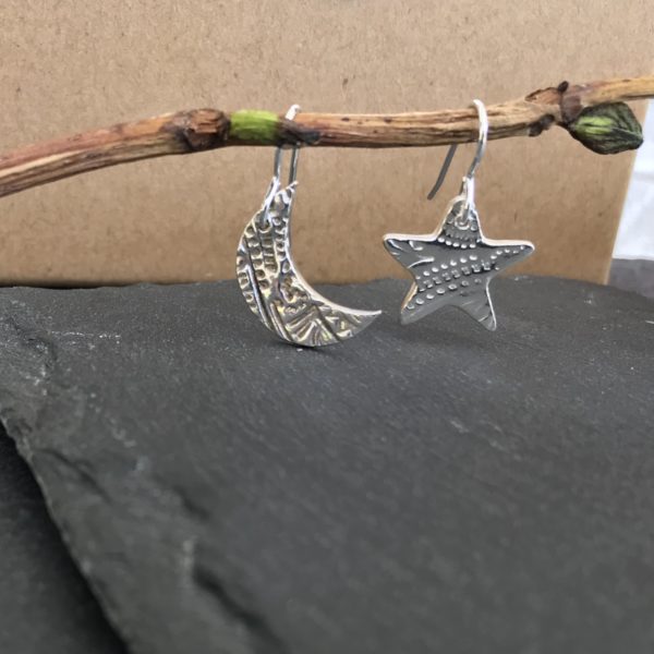 Rachelanne jewellery, pedddle. silver star and moon earrings