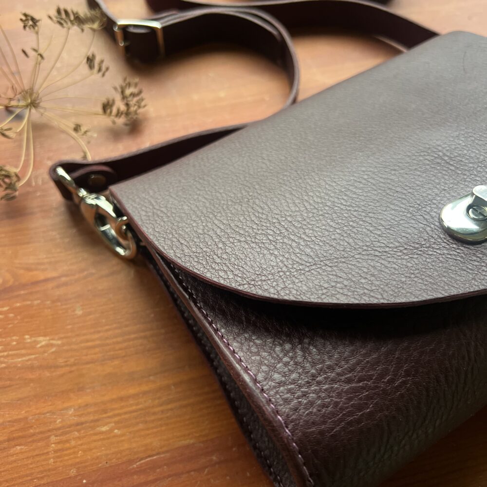 Burgundy, full grain leather, crossbody bag