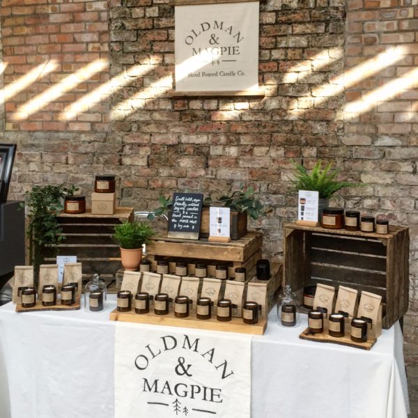 Old Man & Magpie reclaimed wood furniture and soy wax candles.