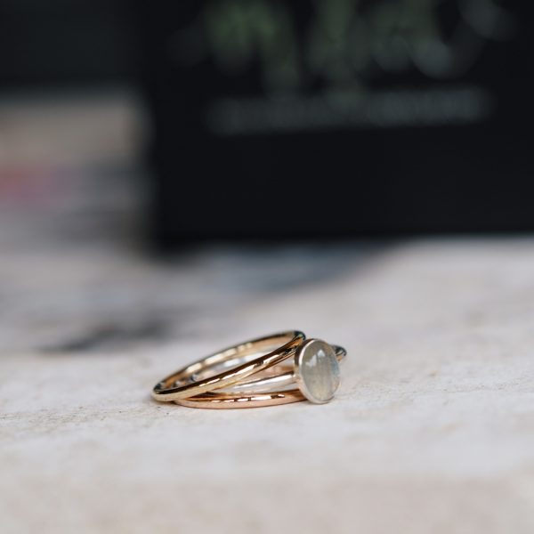 gold and rose gold bands with labradorite gem ring
