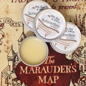 Handmade Harry Potter inspired lipbalm, ButteredBeer. Made by Little Shop of Lathers