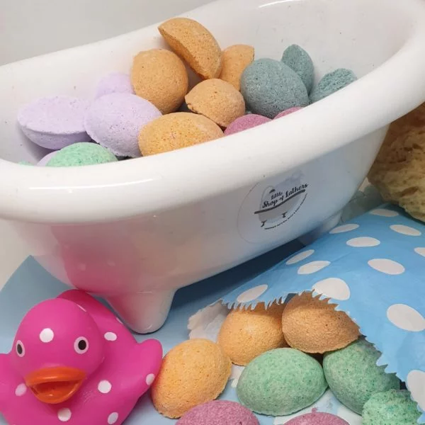 Handmade mini bath bombs, 20 per bag, mixed flavours inspired by retro sweets. Made by Little Shop of Lathers