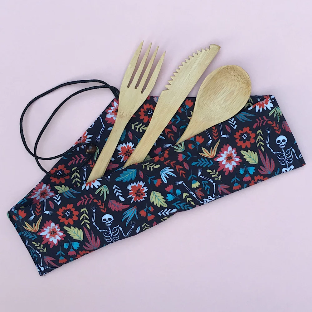 Machine washable pouch with bamboo cutlery set, Tweedles Handmade, eco friendly, sustainable gift for picnics and eating on the run