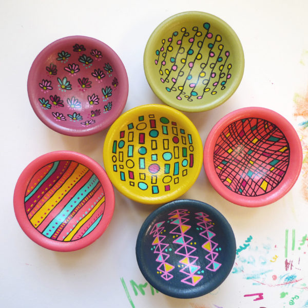 Anna Treliving Design, Handpainted decorative small wooden bowls. Geometric patterns painted in bright and bold contrasting colours.