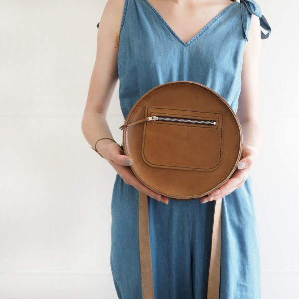 Hand Stitched Tan Brown Circular Leather Shoulder Bag