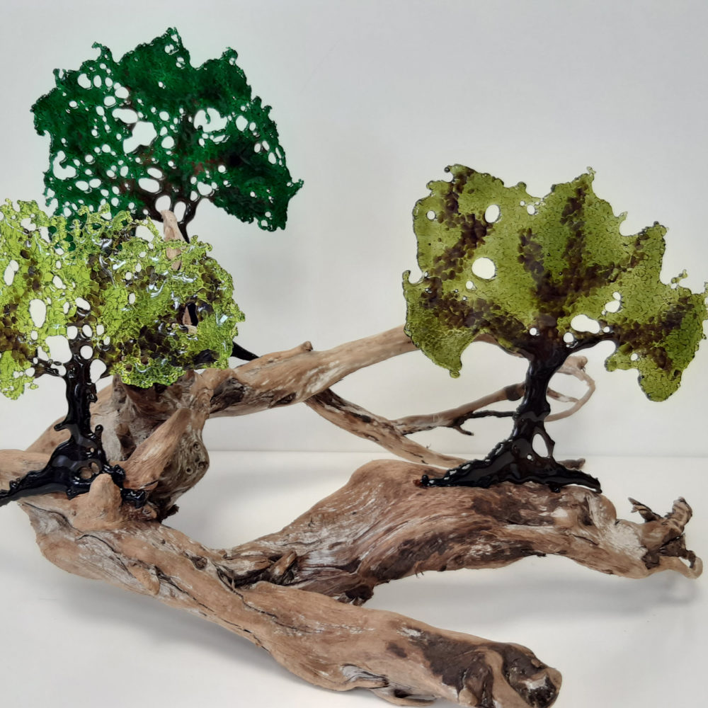 3 fused glass trees mounted on a large piece of driftwood