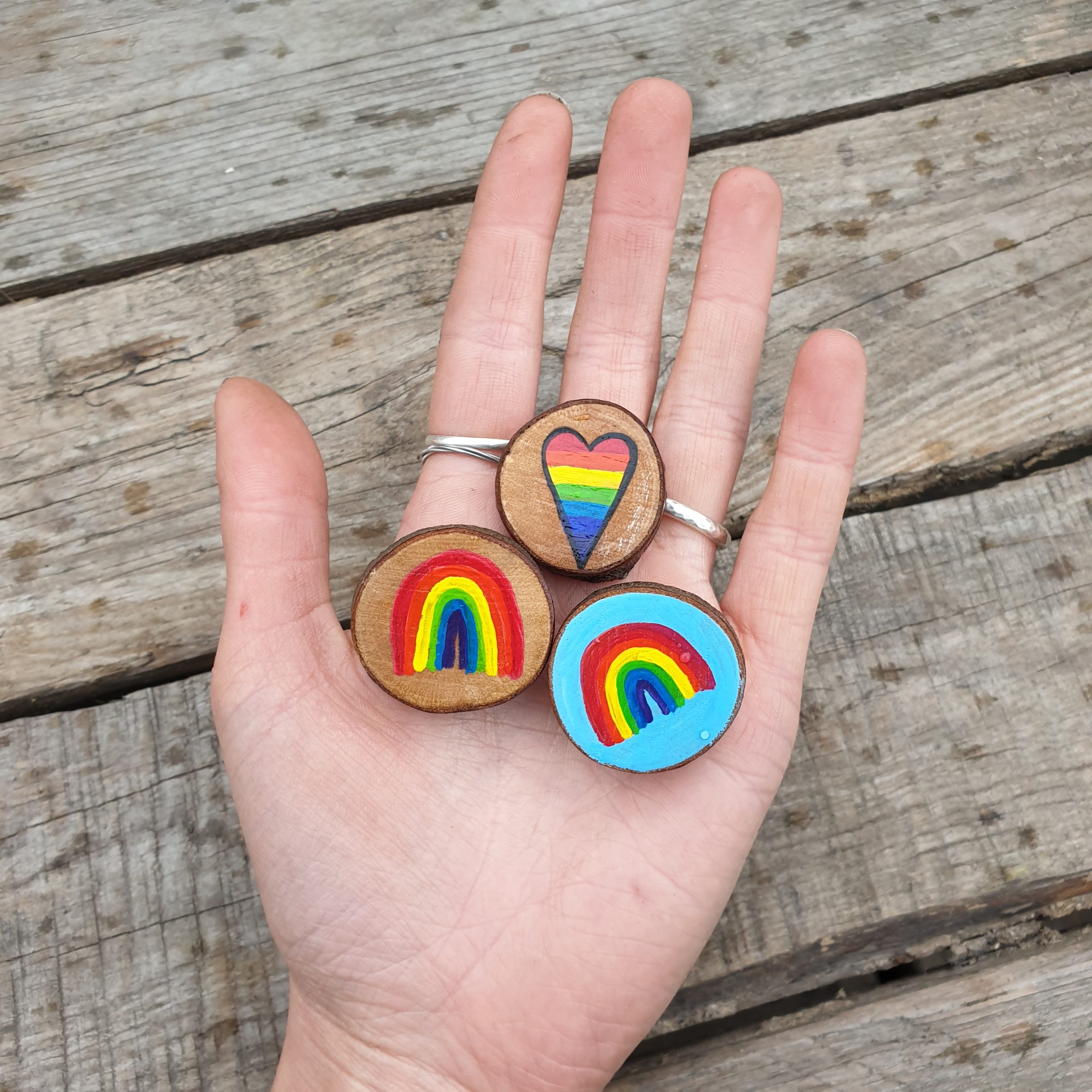 Sophias Illustration, Handmade Small Wood Slice Rainbow Brooch Pin Badge