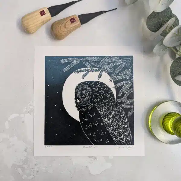 Moonlit Hare Linocut Print, Carrie Lyall Printmaker