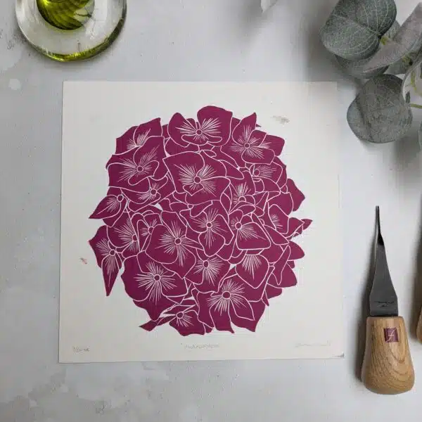 Carrie Lyall Printmaker Pink Hydrangea Linocut Print