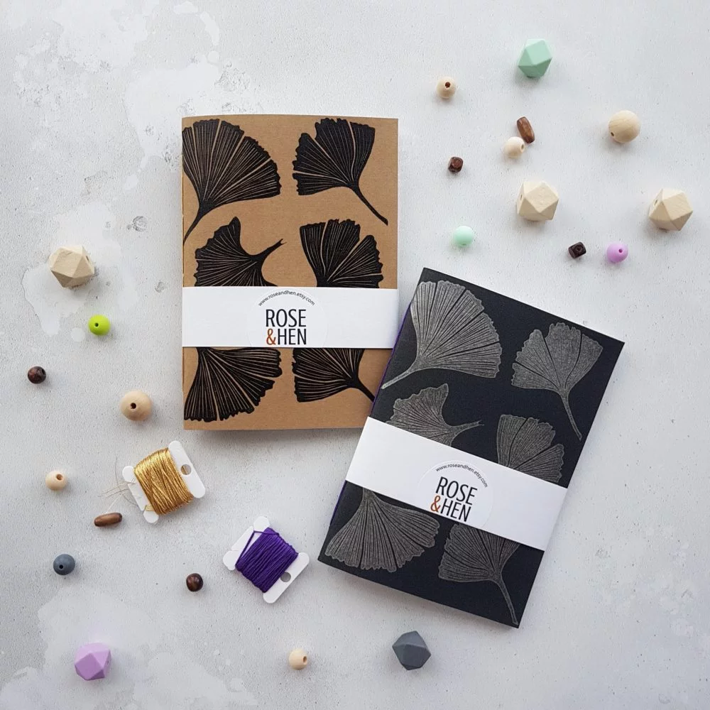 Rose and Hen, Ginkgo leaf notebook, handmade notebook, artists sketchbook