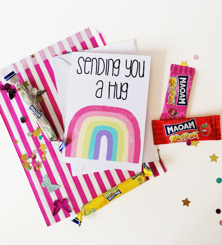 Peach and Mimi, Pastel Rainbow Sending a Hug A6 Card with a sweet treat
