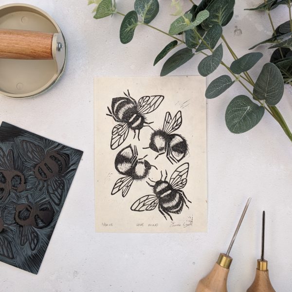 rose and hen, bee print, limited edition linocut bee print