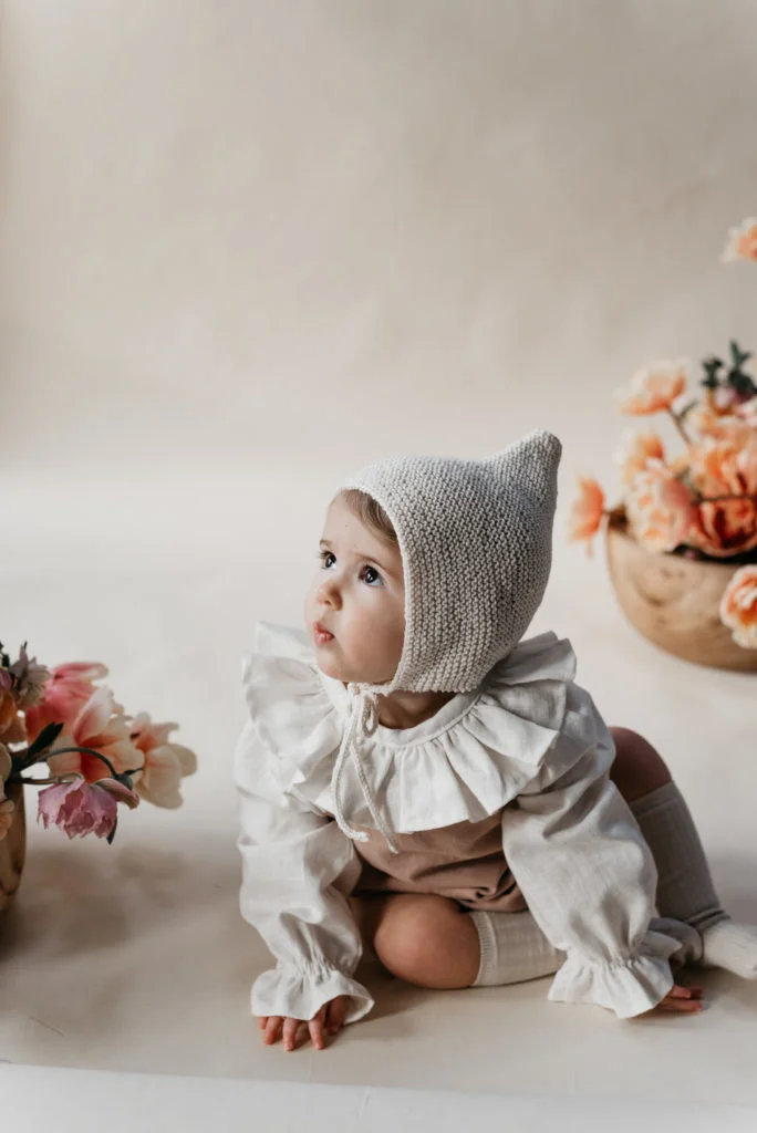 Little Dottie Designs, Handmade Childrenswear. Baby / Child Ettie Blouse, Ruffle Collar in Oyster Linen, with Pixie Romper in Dusky Clay Pink.