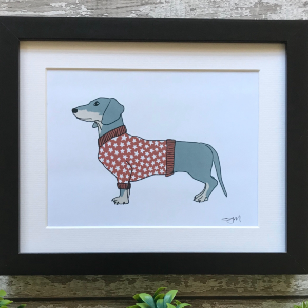 Sister Sister - Illustration of a Daschund in a red spotty jumper. designed by Sister Sister