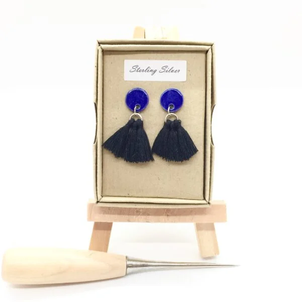 Precious Clay Studio, Tassel stud earrings black and blue