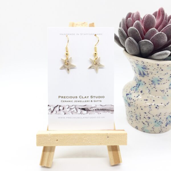 Precious Clay Studio, ceramic star earrings, cream oatmeal, gold droppers hook wire