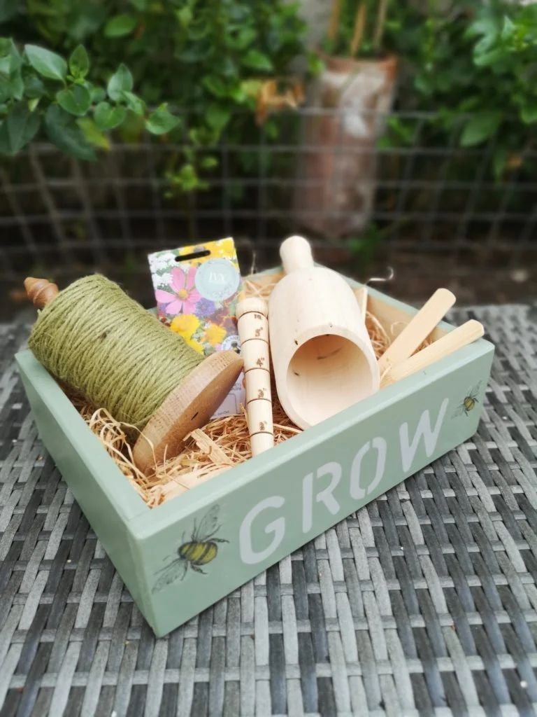Ivy Upcycling, Handmade decorated sustainable garden gift crate, scoop, dibber,string holder, jute string