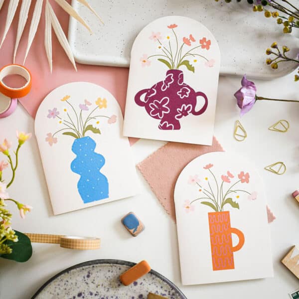 Arched floral vase cards. 3 different designs in orange, blue and purple