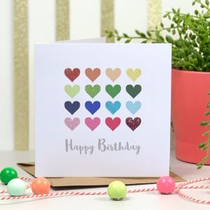 Clairabow, Multi coloured hearts Happy Birthday Card