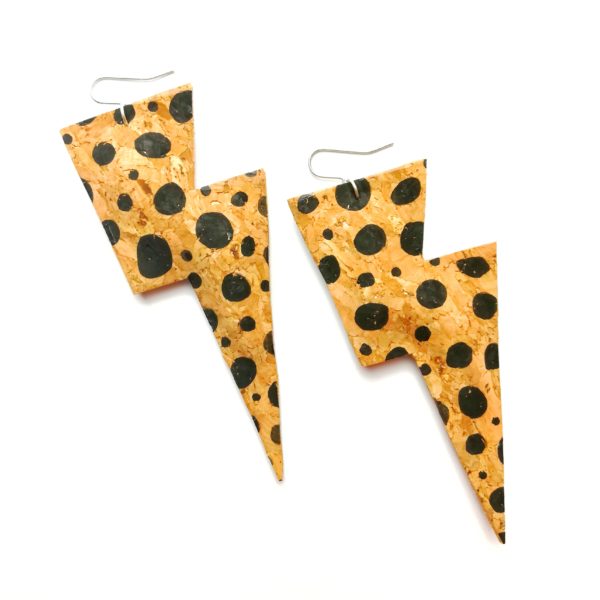 All The Discos, Super Disco Bolt Lighning Bolt Earrings in hand painted spotty cork