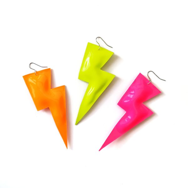 All The Discos, Super Disco Bolt Lightning Bolt Earrings in Patent Leatherette Collection, Neon Orange, Neon Yellow, Neon Pink