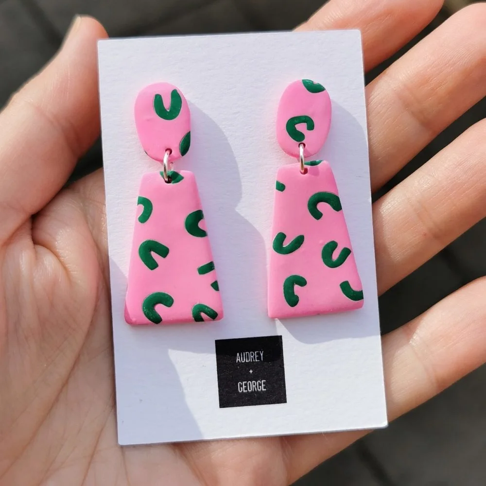 Audrey and george tropical pink and green polymer clay earrings