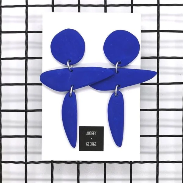 Audrey and george cobalt blue polymer clay earrings inspired by the work of artist Henri Matisse