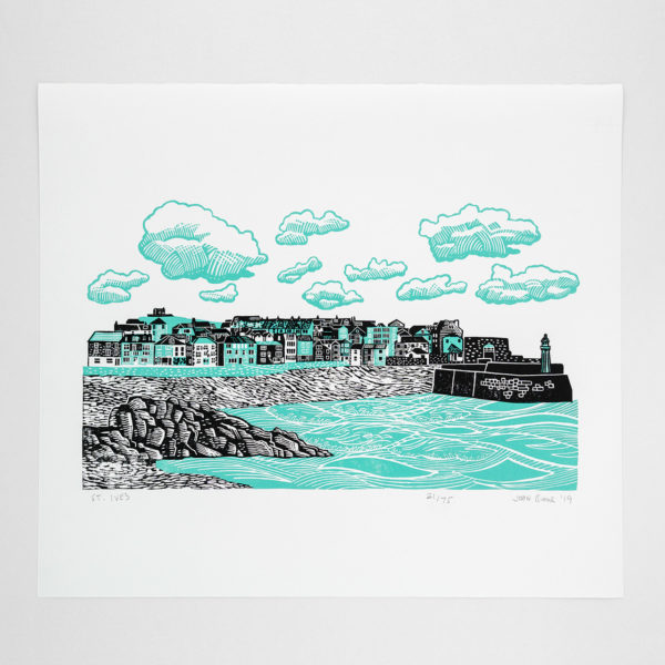 John Bloor Print Design St. Ives print showing the harbour and houses