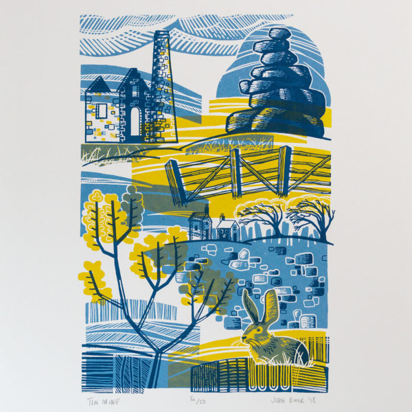 John Bloor Print Design Tin Mine print of Cornwall with dry stone wall, tor, rabbit, gorse and fence