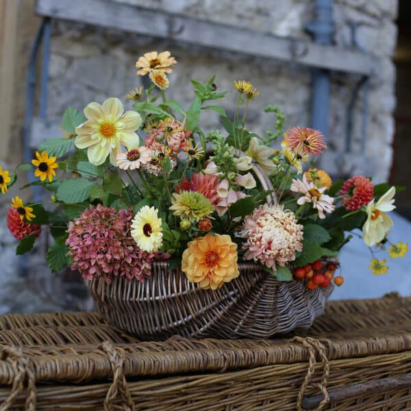 basket arrangement using beautiful British flowers by wild soul flowers