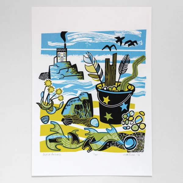 John Bloor Print Design Beach findings print, bucket with driftwood, pebbles and feathers