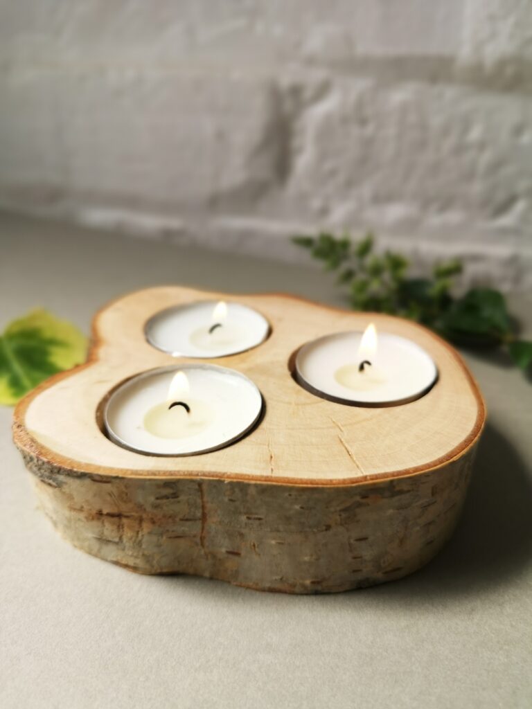 Ivy Upcycling Birch Bark tealight holder Hand crafted out of seasoned Birch branch rescued from tree pruning waste which takes 3 tealights.