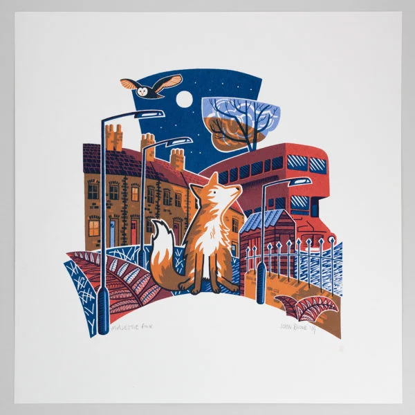 John Bloor Print Design Fox print in urban setting with houses, bus, fence, owl