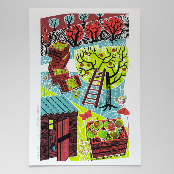 John Bloor Print Design Orchard Harvest print with apples, trees, boxes, moths and shed