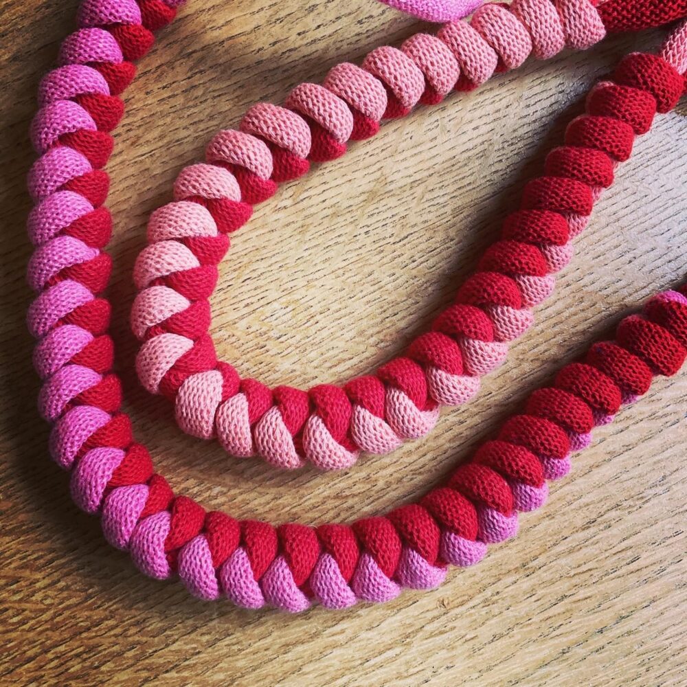 pink and red macrame necklace