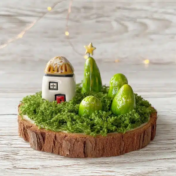 Tiny Clay House with Tiny Trees Village Scene made by Laurel Tree Pottery