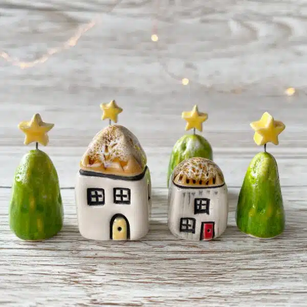 tiny ceramic village made by Laurel Tree Pottery, featuring tiny houses and trees