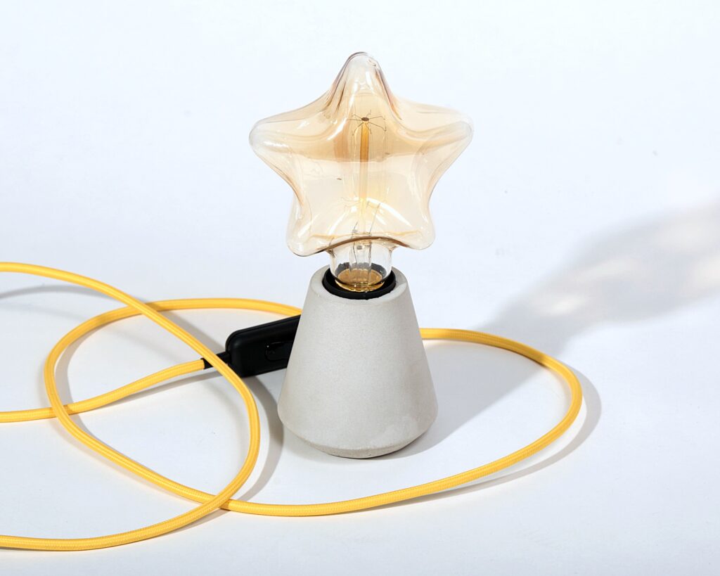 Mexish Made, Star Lamp, Concrete lamp base, Star Shaped Bulb, Yellow fabric cable